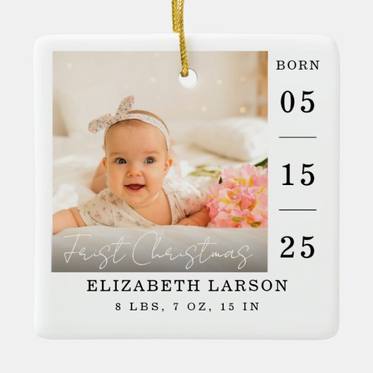 生まれたばかりのベビーの誕生統計名前をカスタムすると写真 セラミックオーナメント (正面)