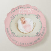 生まれたばかりのベビーフォトモノグラム赤面ピンクグリーンフレーム ラウンドクッション (裏面)