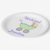 生まれたばかりのベビー乳母車ウェルカム名パーソナライズされた ペーパープレート (アングル)