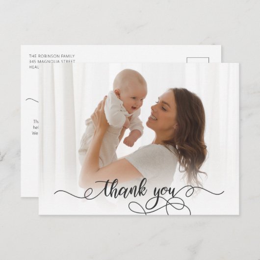 生まれたばかりのベビー写真モダン書道有難う ポストカード (正面/裏面)