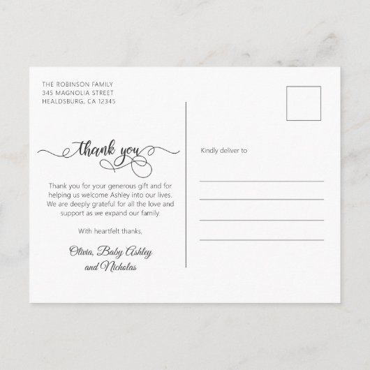 生まれたばかりのベビー写真モダン書道有難う ポストカード (裏面)