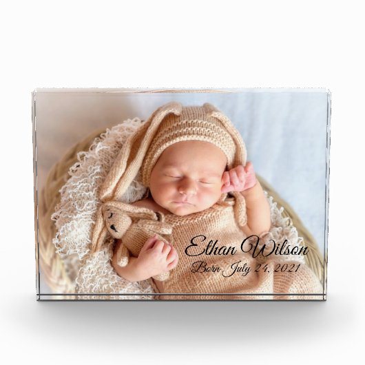 生まれたばかりのベビー写真文字名と誕生日 フォトブロック (正面)