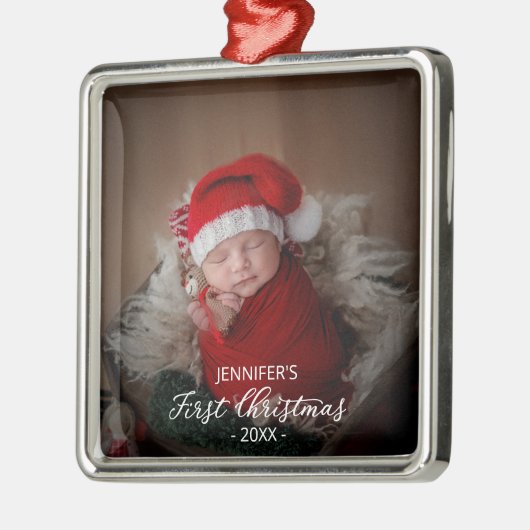 生まれたばかりのベビー初めてのクリスマス写真の追加 メタルオーナメント (左)