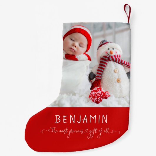 生まれたばかりのベビー名写真大切Most Of All スモールクリスマスストッキング (裏面)