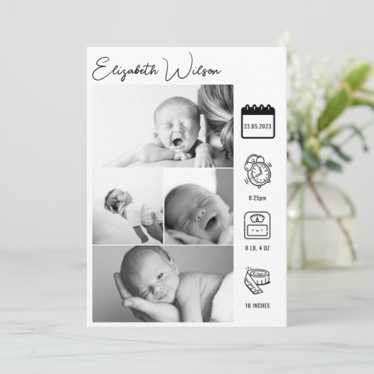 生まれたばかりのベビー誕生発表写真コラージュ 案内状 (スタンド正面)