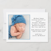 生まれたばかりの男の赤ちゃんフォトフラット発表カード 案内状 (裏面)