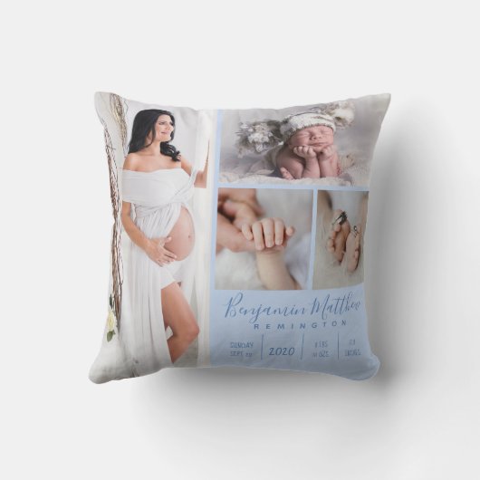 生まれたばかりの男の赤ちゃんブルーフォトキープサケ クッション (裏面)