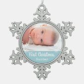 生まれたばかりの第1回クリスマスフォトブルーの雪 スノーフレークピューターオーナメント (正面)