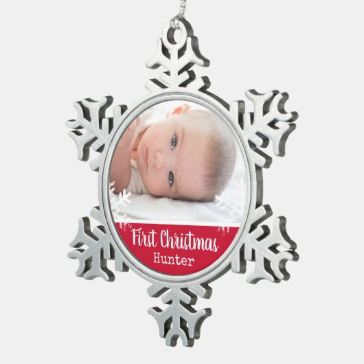 生まれたばかりの第1回クリスマスフォトレッド雪片 スノーフレークピューターオーナメント (右)