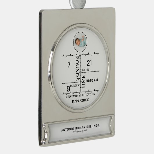 生まれたばかりの誕生統計ベビー写真の発表 シルバープレートバナーオーナメント (右)