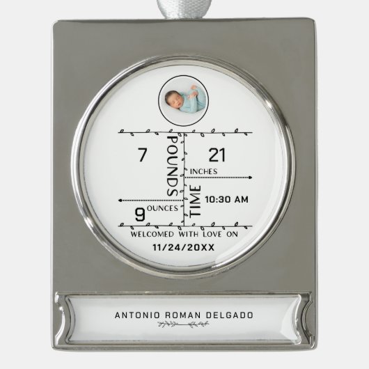 生まれたばかりの誕生統計ベビー写真の発表 シルバープレートバナーオーナメント (正面)