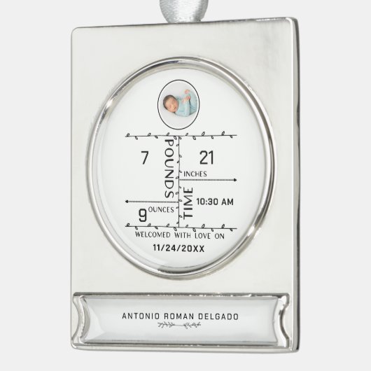 生まれたばかりの誕生統計ベビー写真の発表 シルバープレートバナーオーナメント (左)