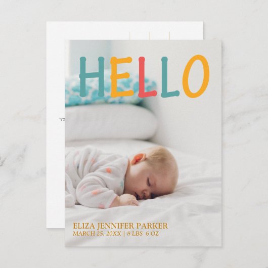 生まれたばかりのHELLOモダンタイポグラフィフォトベビー誕生 案内ポストカード (正面/裏面)