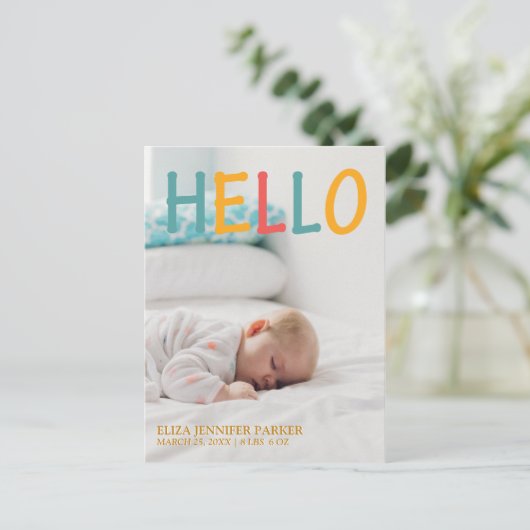生まれたばかりのHELLOモダンタイポグラフィフォトベビー誕生 案内ポストカード (スタンド正面)