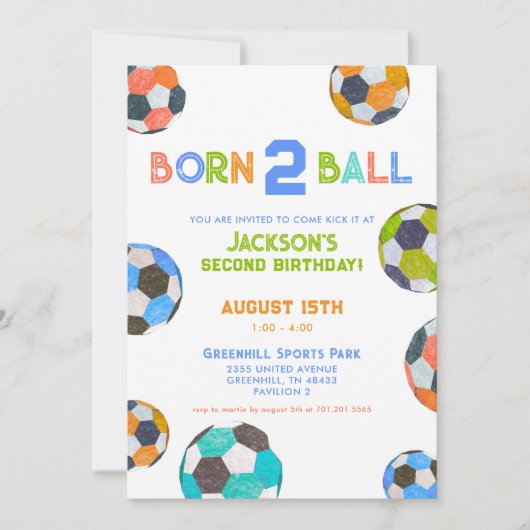 生まれつきのボールが楽しい サッカー 2歳の誕生日 ご招待 招待状 (正面)