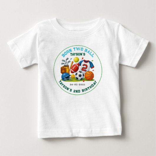 生まれつきのボール好きが輝く スポーツをテーマにした男の子の2歳の誕生日パーティー ベビーTシャツ (正面)