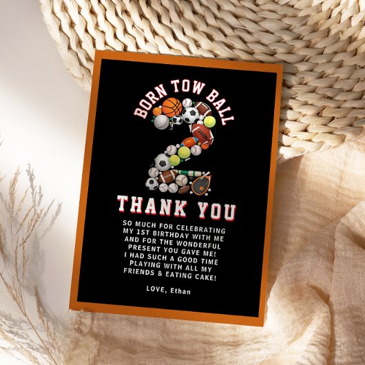 生まれて２つのボールスポーツをテーマにした男子の２回目の誕生日パーティー サンキューカード