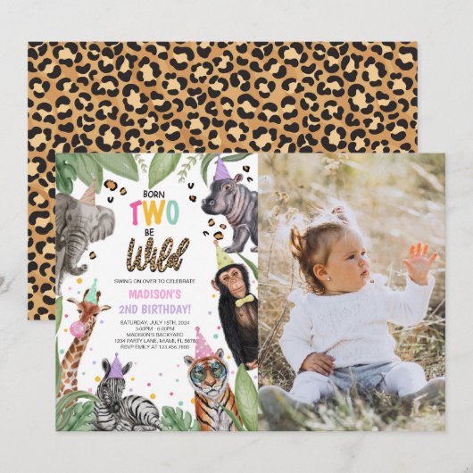 生まれて2年！ワイルドサファリ 2歳誕生日写真 招待状 (正面/裏面)