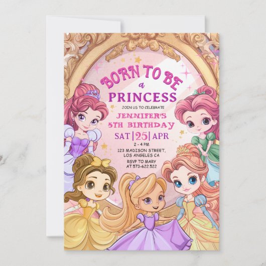 「生まれプリンセスになること」女子5歳の誕生日パーティー 招待状 (正面)
