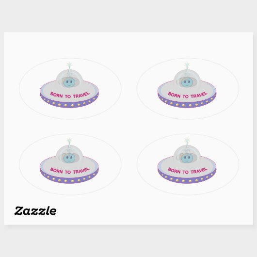 生まれ可愛いエイリアン&ソーサー飛んでいる旅行 楕円形シール (シート)