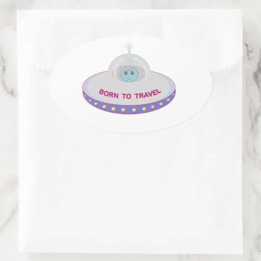 生まれ可愛いエイリアン&ソーサー飛んでいる旅行 楕円形シール (バッグ)