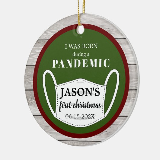 生まれ木と写真で赤と緑のパンデミック セラミックオーナメント (左)