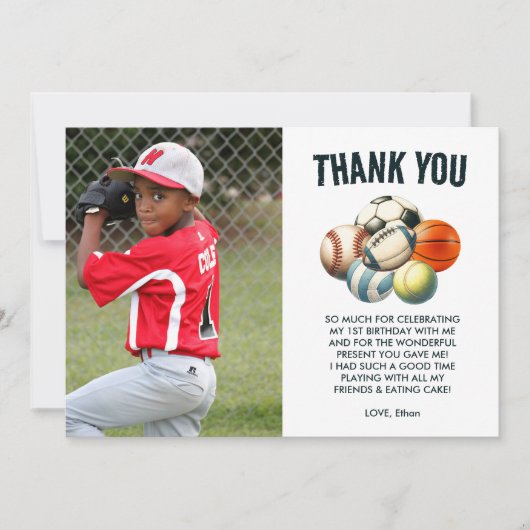 生まれ2ボールスポーツをテーマにした男の子2nd誕生日パーティー サンキューカード (正面)