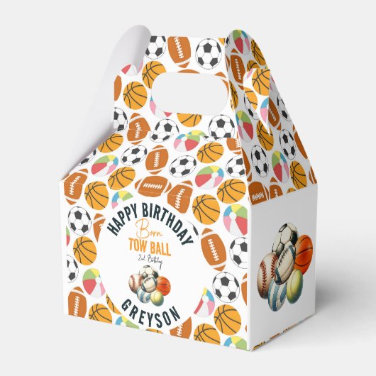 生まれ2ボールスポーツをテーマにした男の子2nd誕生日パーティー フェイバーボックス (正面サイド)