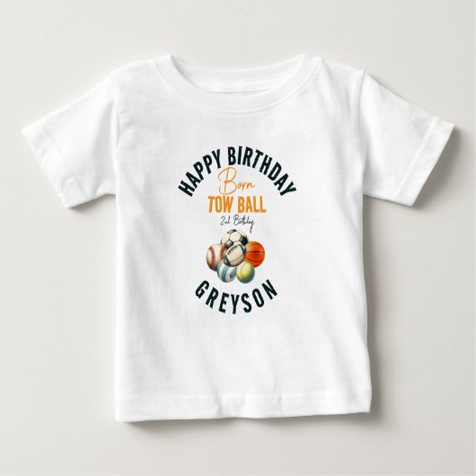 生まれ2ボールスポーツをテーマにした男の子2nd誕生日パーティー ベビーTシャツ (正面)