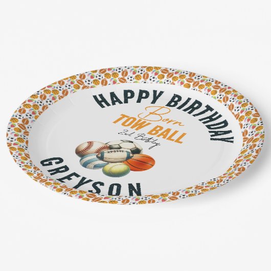 生まれ2ボールスポーツをテーマにした男の子2nd誕生日パーティー ペーパープレート (アングル)