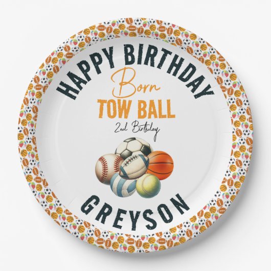 生まれ2ボールスポーツをテーマにした男の子2nd誕生日パーティー ペーパープレート (正面)