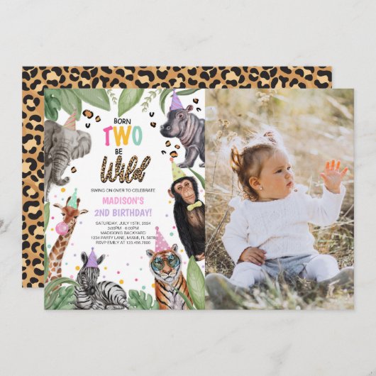 生まれTWO Be Wild Safari 2nd Birthday写真 招待状 (正面/裏面)
