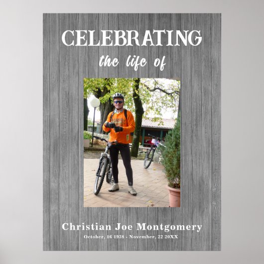 生を祝う 写真 灰色の木製葬儀 ポスター (正面)