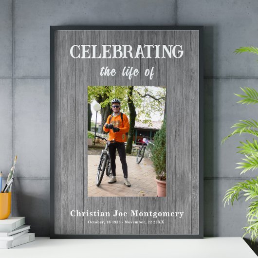 生を祝う 写真 灰色の木製葬儀 ポスター