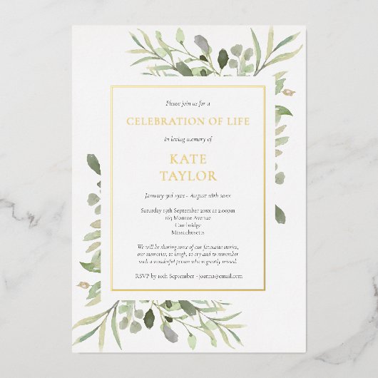 生エレガント活の緑の金ゴールドの葬儀お祝い 箔招待状 (正面)