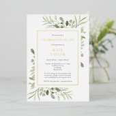 生エレガント活の緑の金ゴールドの葬儀お祝い 箔招待状 (立ち正面)