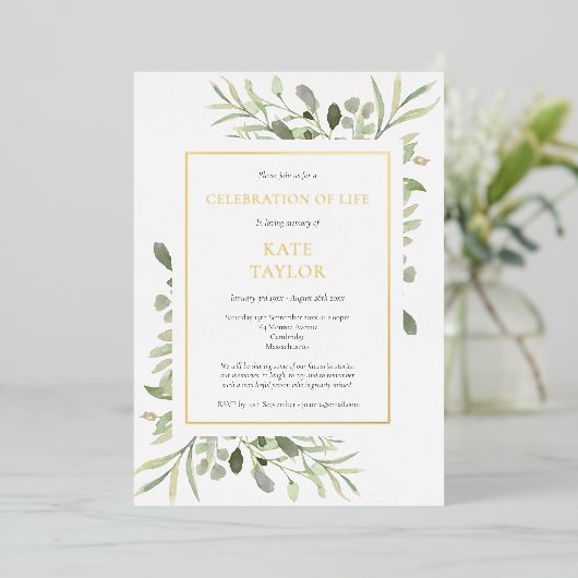 生エレガント活の緑の金ゴールドの葬儀お祝い 箔招待状 (立ち正面)