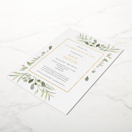 生エレガント活の緑の金ゴールドの葬儀お祝い 箔招待状 (回転した状態)