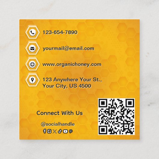 生オーガニック蜂蜜ローカルブランドQRコードかわいい黄色 スクエア名刺 (裏面)