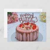 生ハッピーバースデーケーキ白卓布花 ポストカード (正面/裏面)