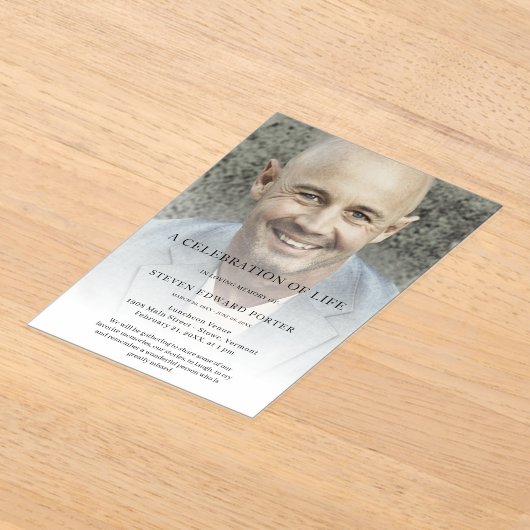 生パーソナライズされた命葬儀の写真お祝い アクリル招待状 (レイダウン)