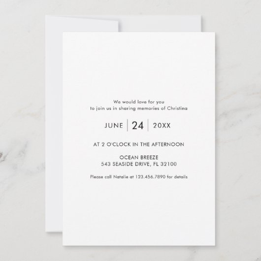 生パーソナライズされた生写真お祝い葬儀 招待状 (裏面)