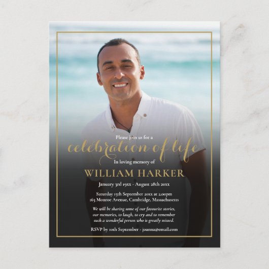 生モダンエレガント生葬儀の写真お祝い 案内ポストカード (正面)