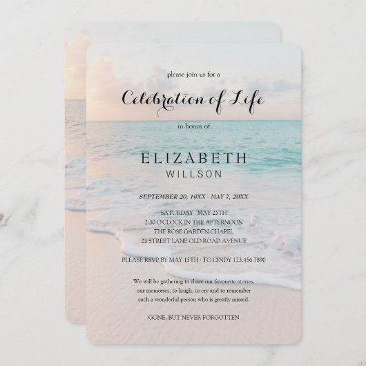 生命お祝い葬の愛の思い出ビーチ 招待状 (正面/裏面)