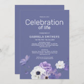 生命のお祝いパープルフローラ葬儀記念 招待状 (正面/裏面)