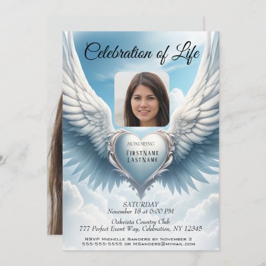 生命のお祝い-ハートと翼 招待状 (正面/裏面)