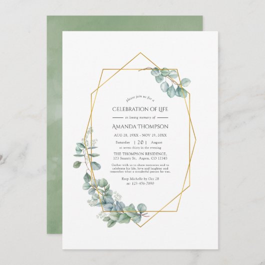 生命の写真の幾何学的ユーカリお祝い 招待状 (正面/裏面)