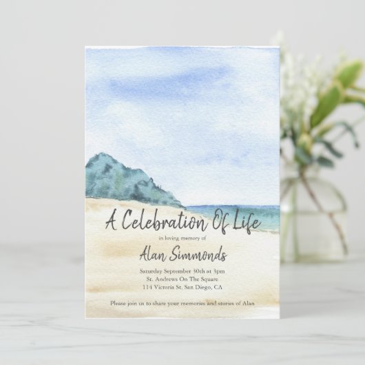生命の写真ビーチ付き水色お祝い 招待状 (スタンド正面)
