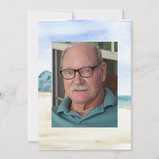 生命の写真ビーチ付き水色お祝い 招待状 (裏面)