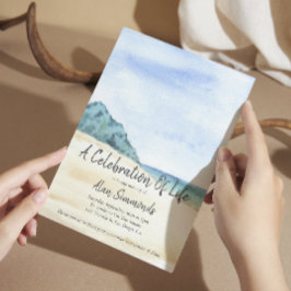 生命の写真ビーチ付き水色お祝い 招待状